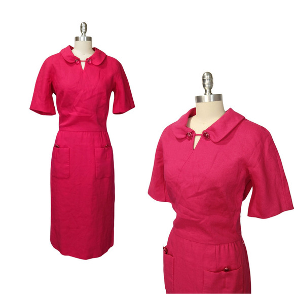 Vintage 60s Paul Parnes Pink Shirt Dress Size S M Peter Pan Collar Pockets Mod - Picture 1 of 13